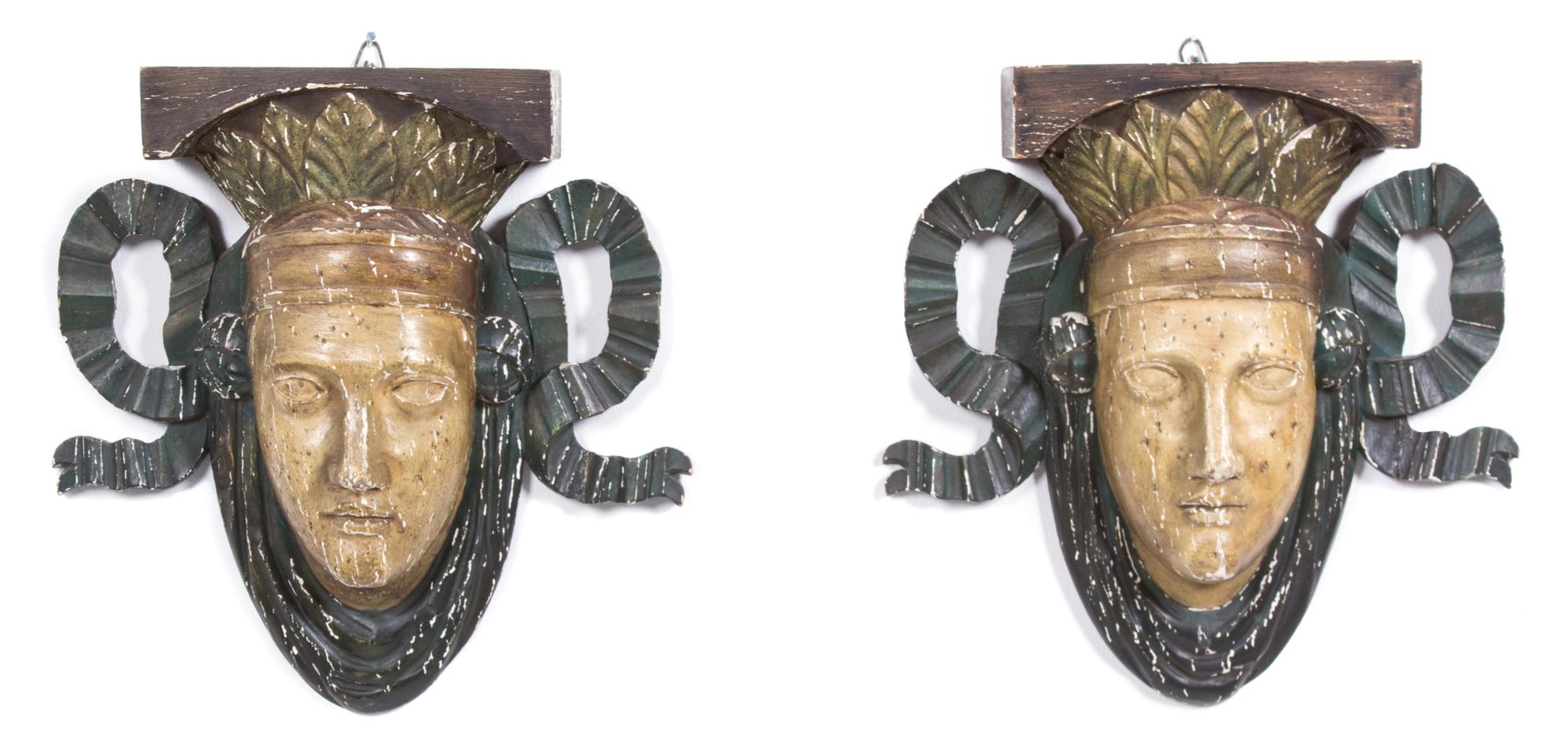 A Pair of Italian Painted and Carved Mask Wall Brackets Height 13 inches. — 20TH CENTURY