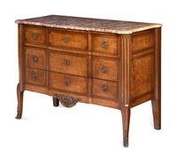 A Louis XV/XVI Transitional Style Walnut Marble-Top Commode