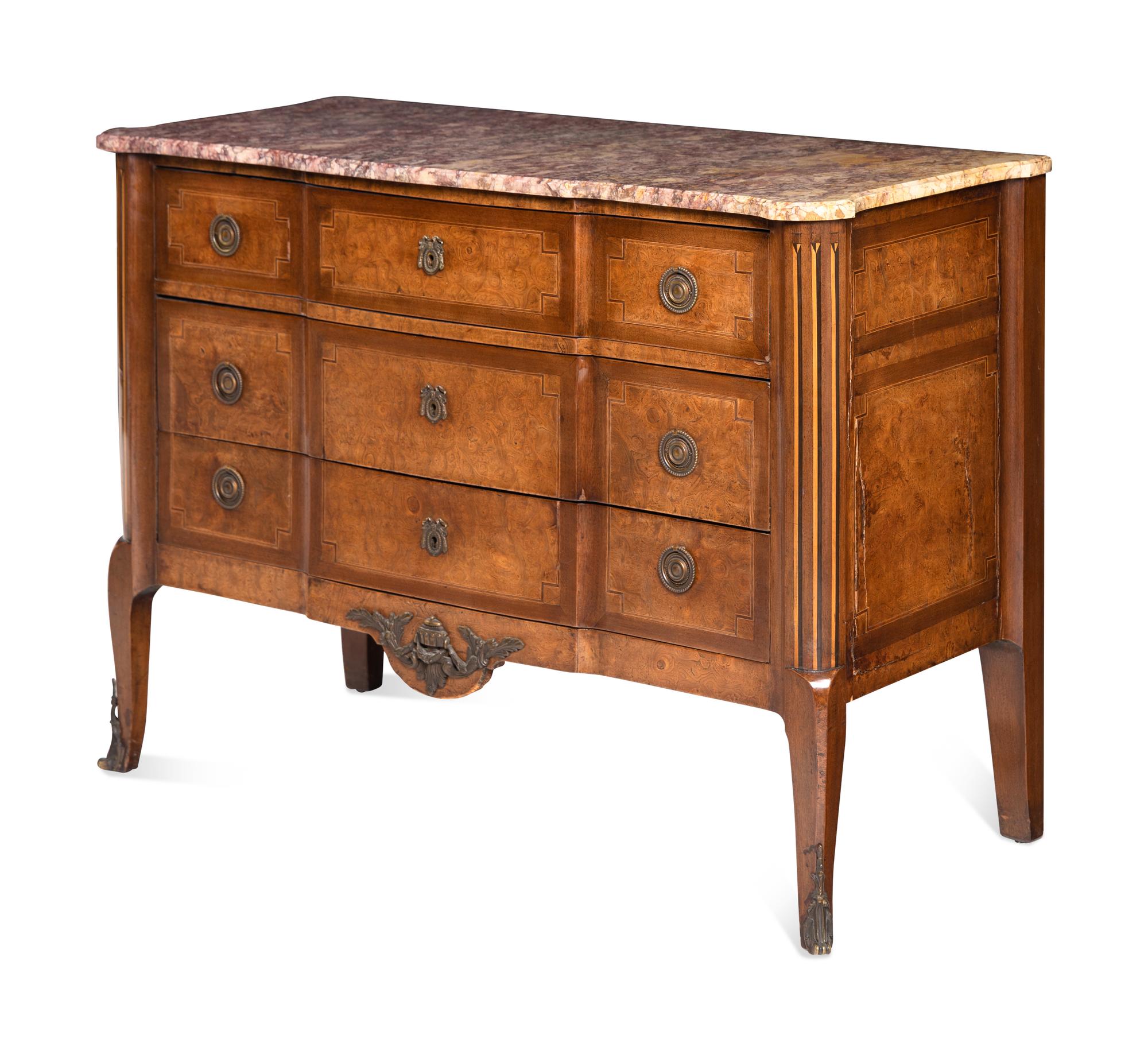 A Louis XV/XVI Transitional Style Walnut Marble-Top Commode