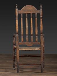 A William and Mary Style Parcel Gilt and Red Painted, Fan-Carved Bannister Back Woven Splint Seat Armchair