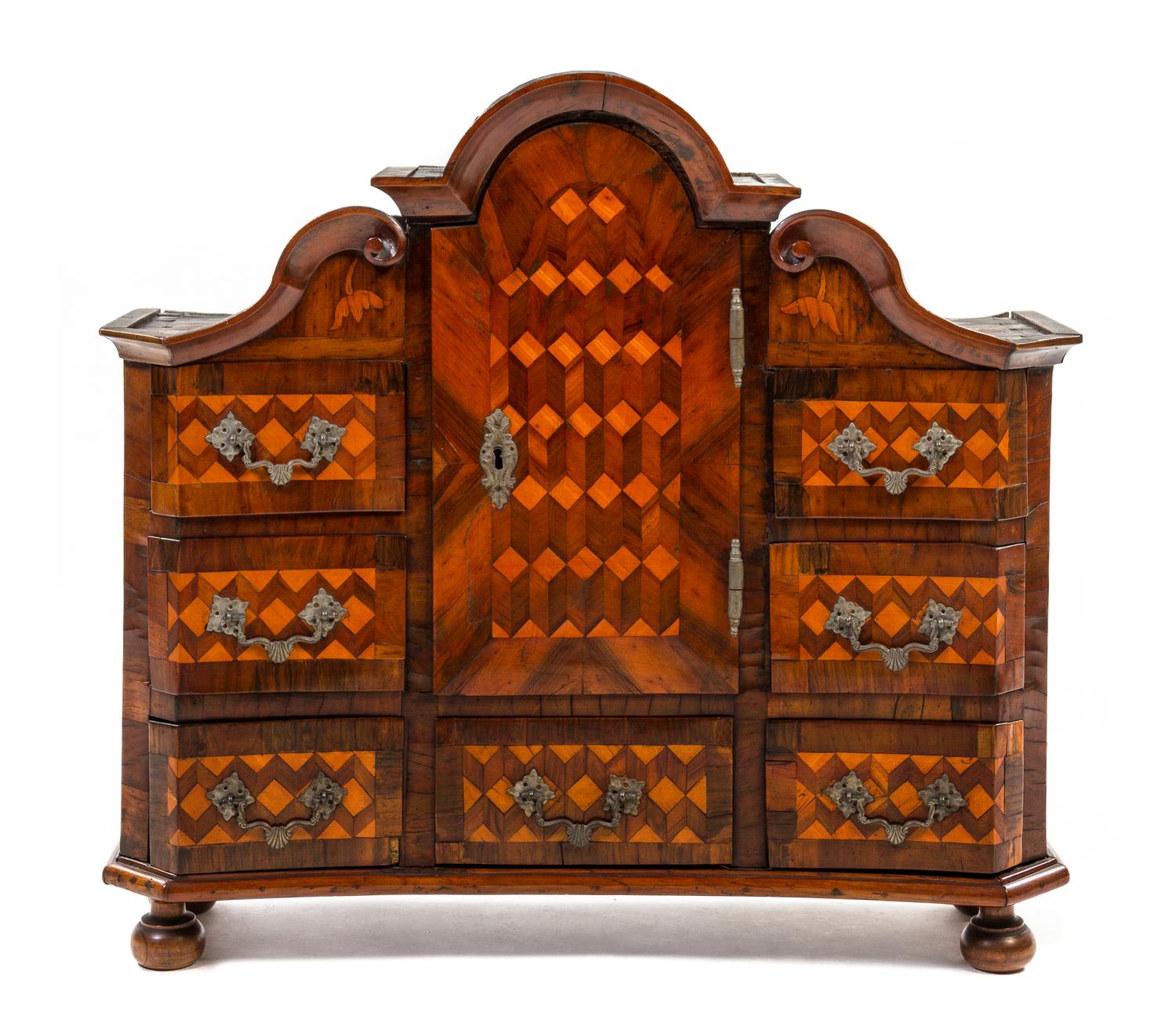 A German Parquetry Cabinet, Height 30 1/2 x width 34 1/2 x depth 11 3/8 inches.