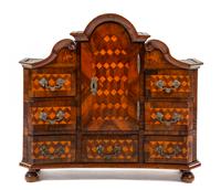 A German Parquetry Cabinet, Height 30 1/2 x width 34 1/2 x depth 11 3/8 inches.
