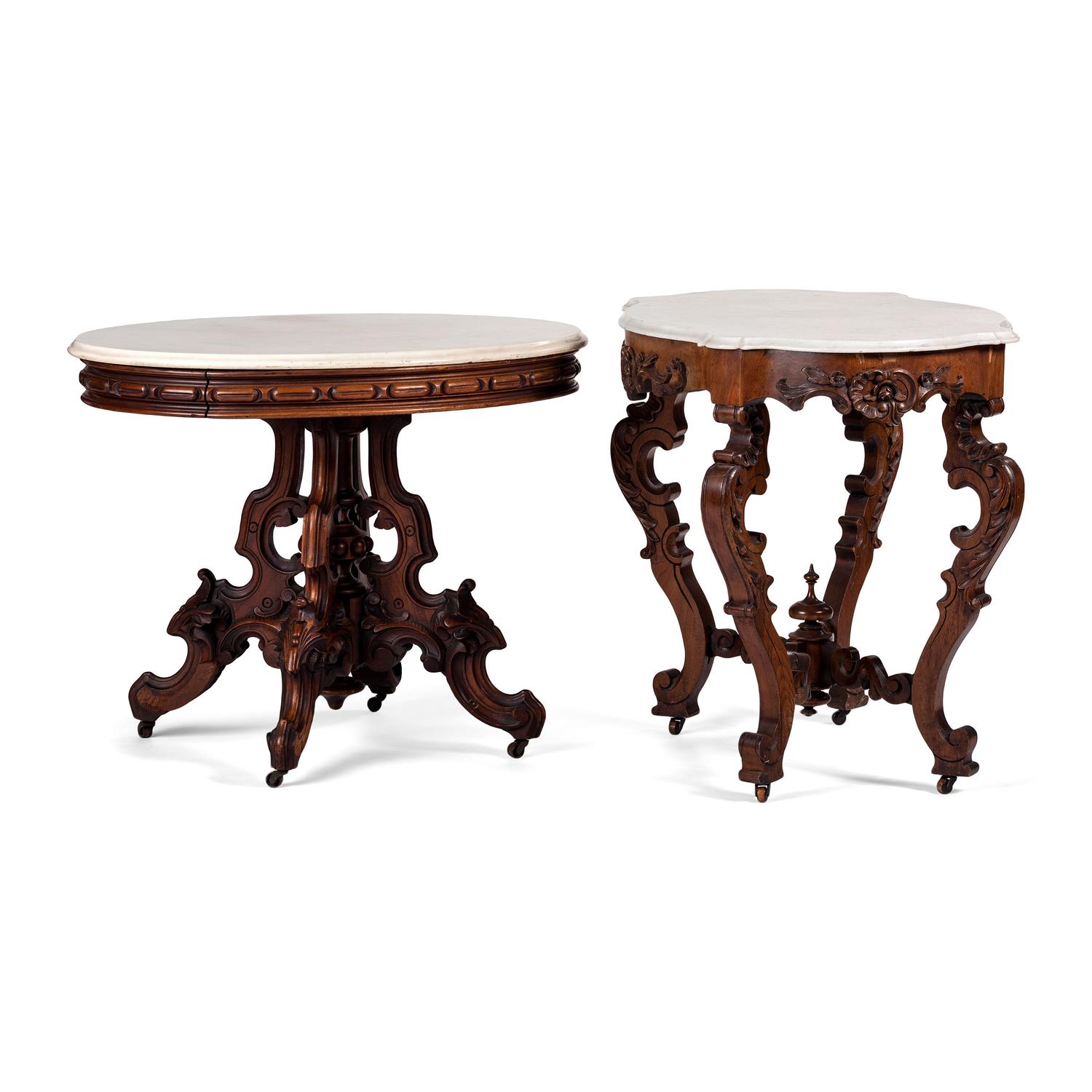Two Renaissance Revival Carved Mahogany Marble Top Center Tables