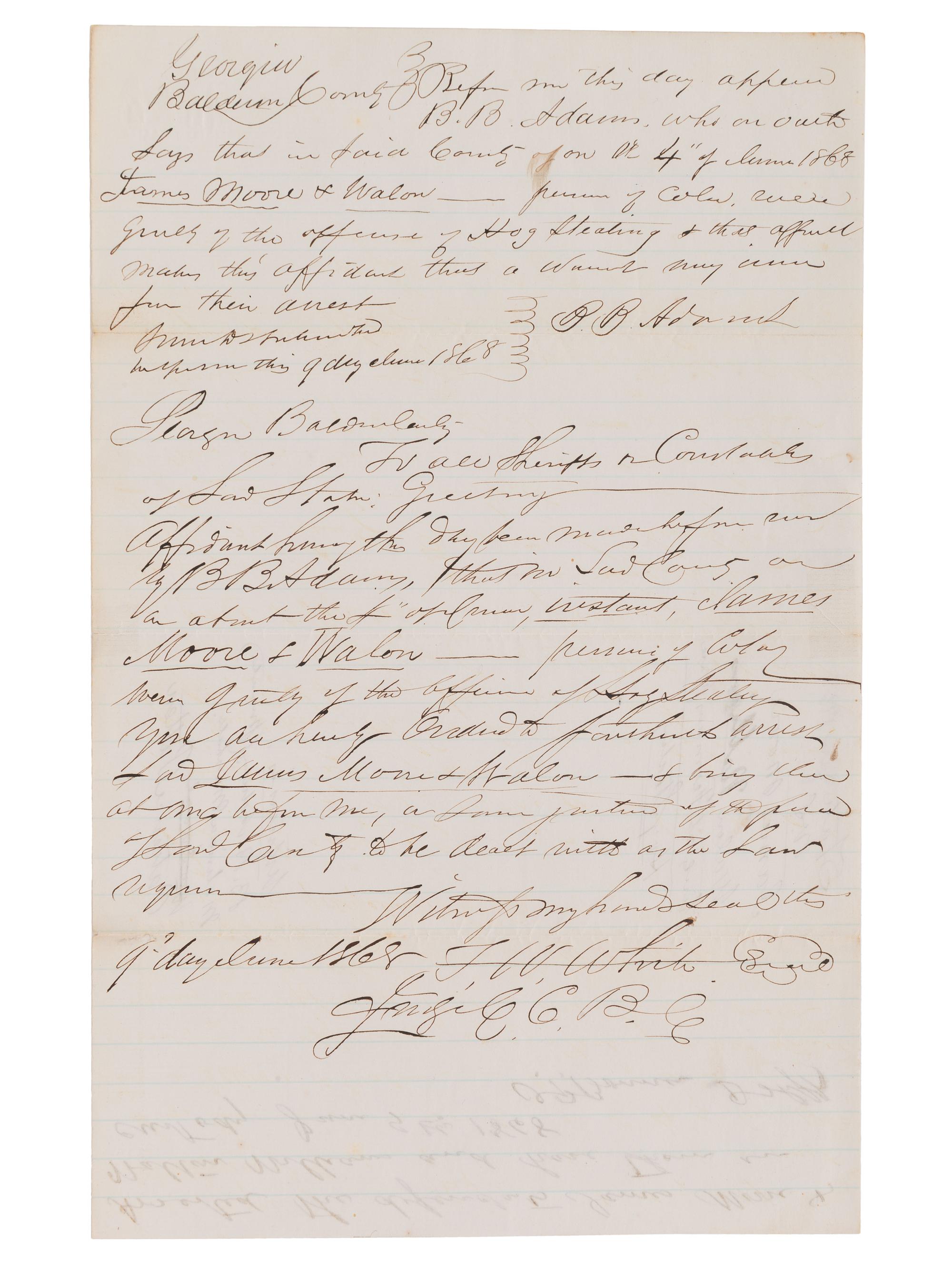 [CRIME & PUNISHMENT]. 6 documents, incl. freedmen accused of hog steeling and theft from a barber.