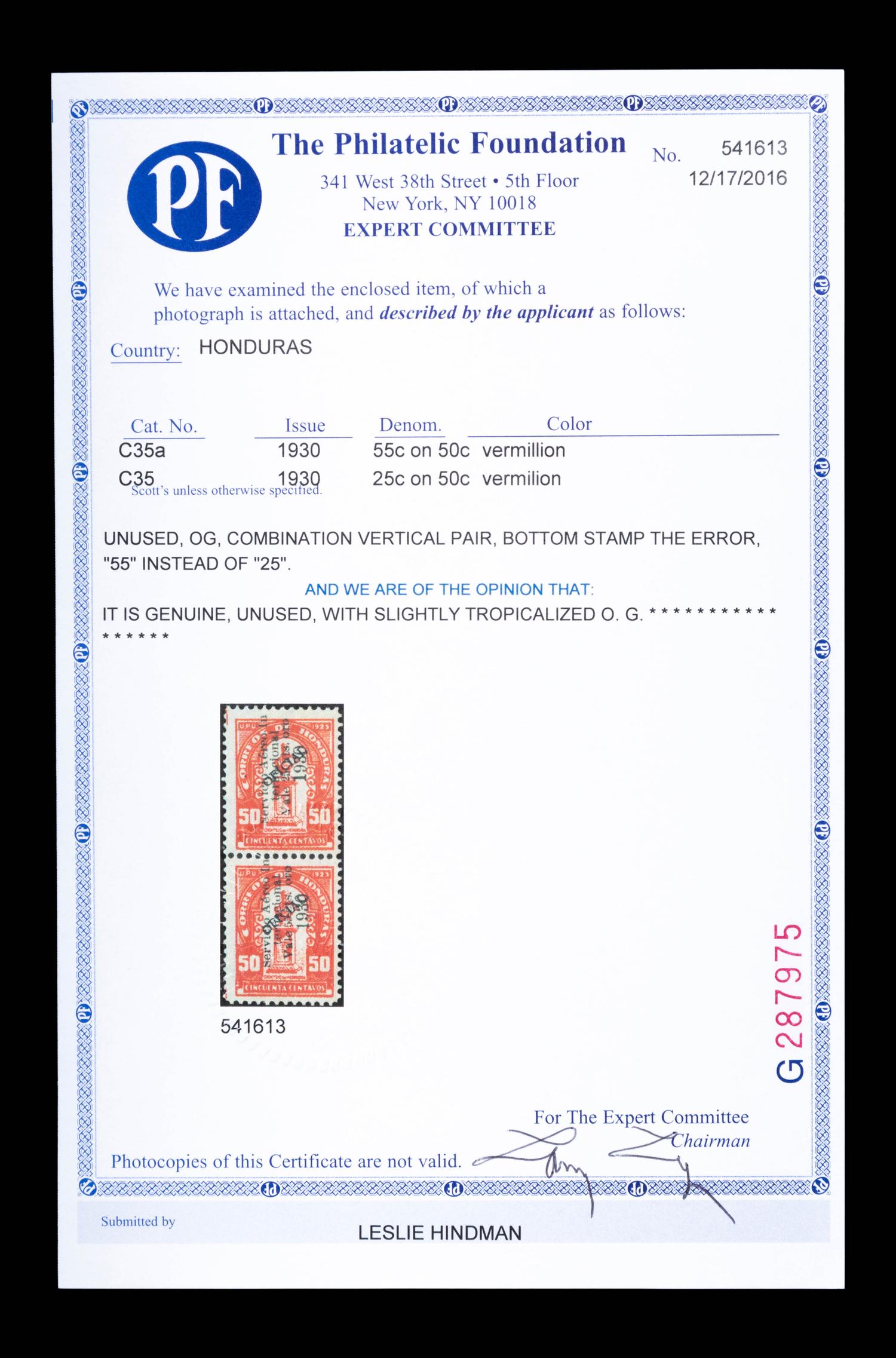 {PHILATELY} [SURCHARGE ERROR] HONDURAS. Airmail. 1930. 55c on 50c and 25c on 50c. Vermillion and Black surcharge. (#C35 & C35a), Vertical Pair, The Bottom Stamp with the Surcharge Error '55' Instead of '25',