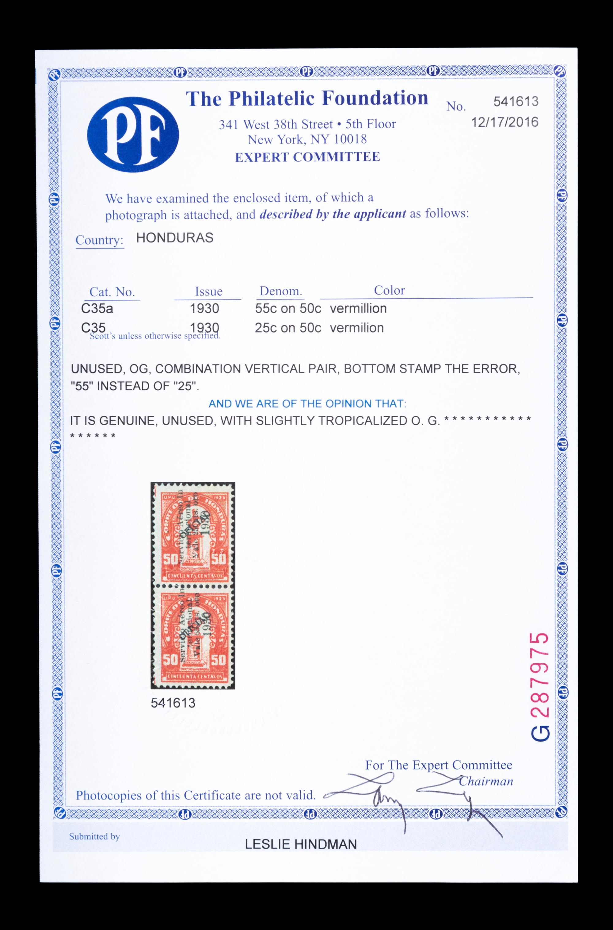{PHILATELY} [SURCHARGE ERROR] HONDURAS. Airmail. 1930. 55c on 50c and 25c on 50c. Vermillion and Black surcharge. (#C35 & C35a), Vertical Pair, The Bottom Stamp with the Surcharge Error '55' Instead of '25',