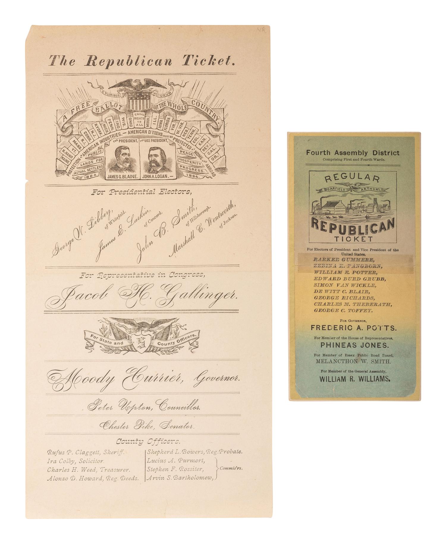[PRESIDENTS]. Signed documents and ephemera featuring signatures of J.Q. ADAMS, FILLMORE, MCKINLEY, CLEVELAND, HARRISON, HARDING, and HAYES.