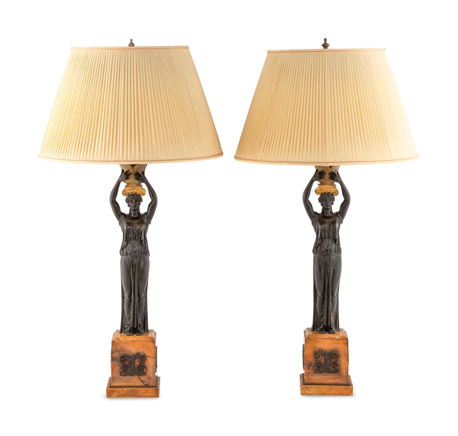 A Pair of Empire Patinated Bronze and Marble Table Lamps