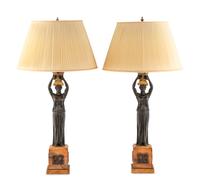 A Pair of Empire Patinated Bronze and Marble Table Lamps