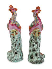 A Large Pair of Chinese Export Famille Rose Porcelain Figures of Phoenix Birds — 19TH CENTURY