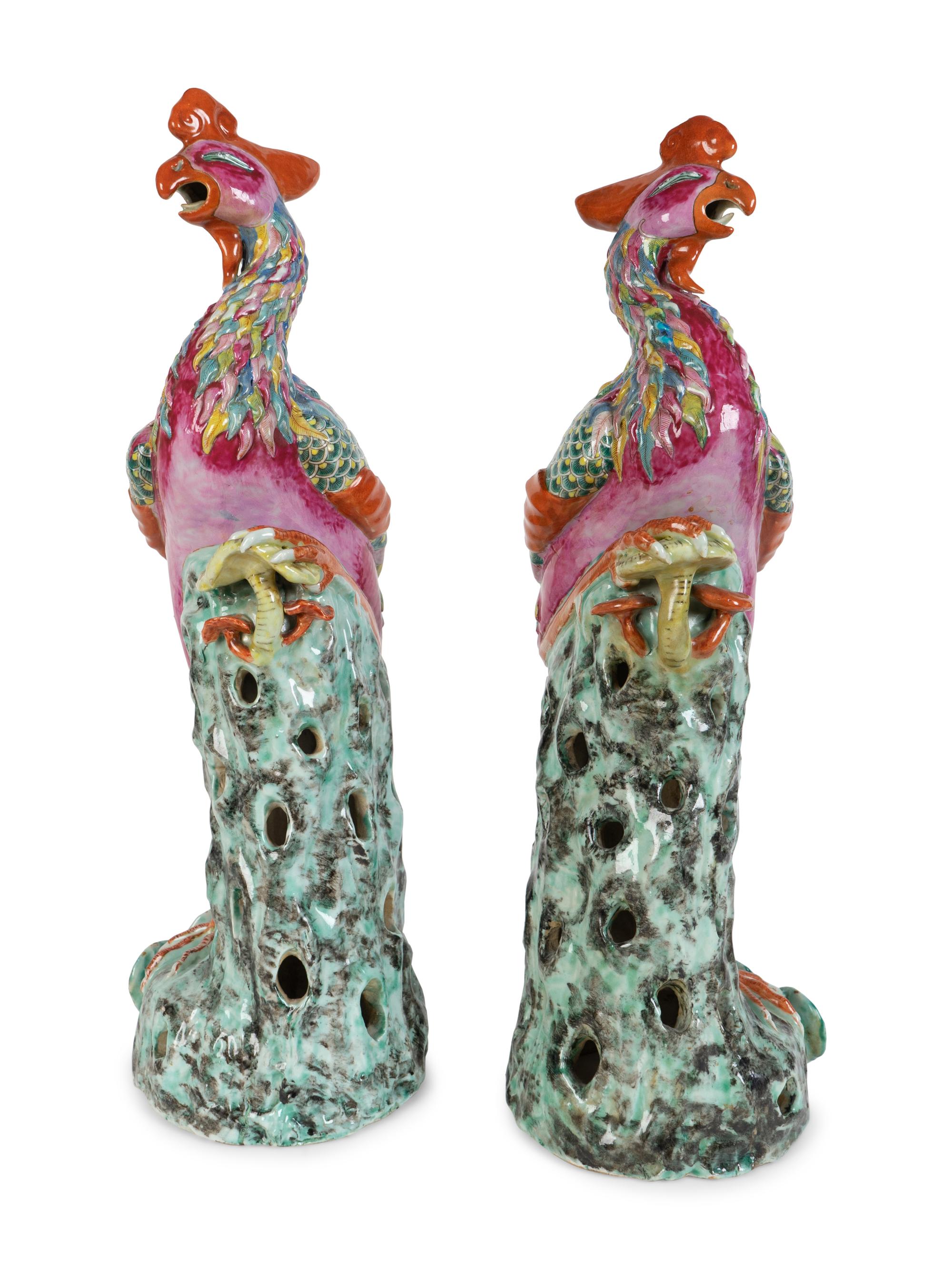 A Large Pair of Chinese Export Famille Rose Porcelain Figures of Phoenix Birds — 19TH CENTURY
