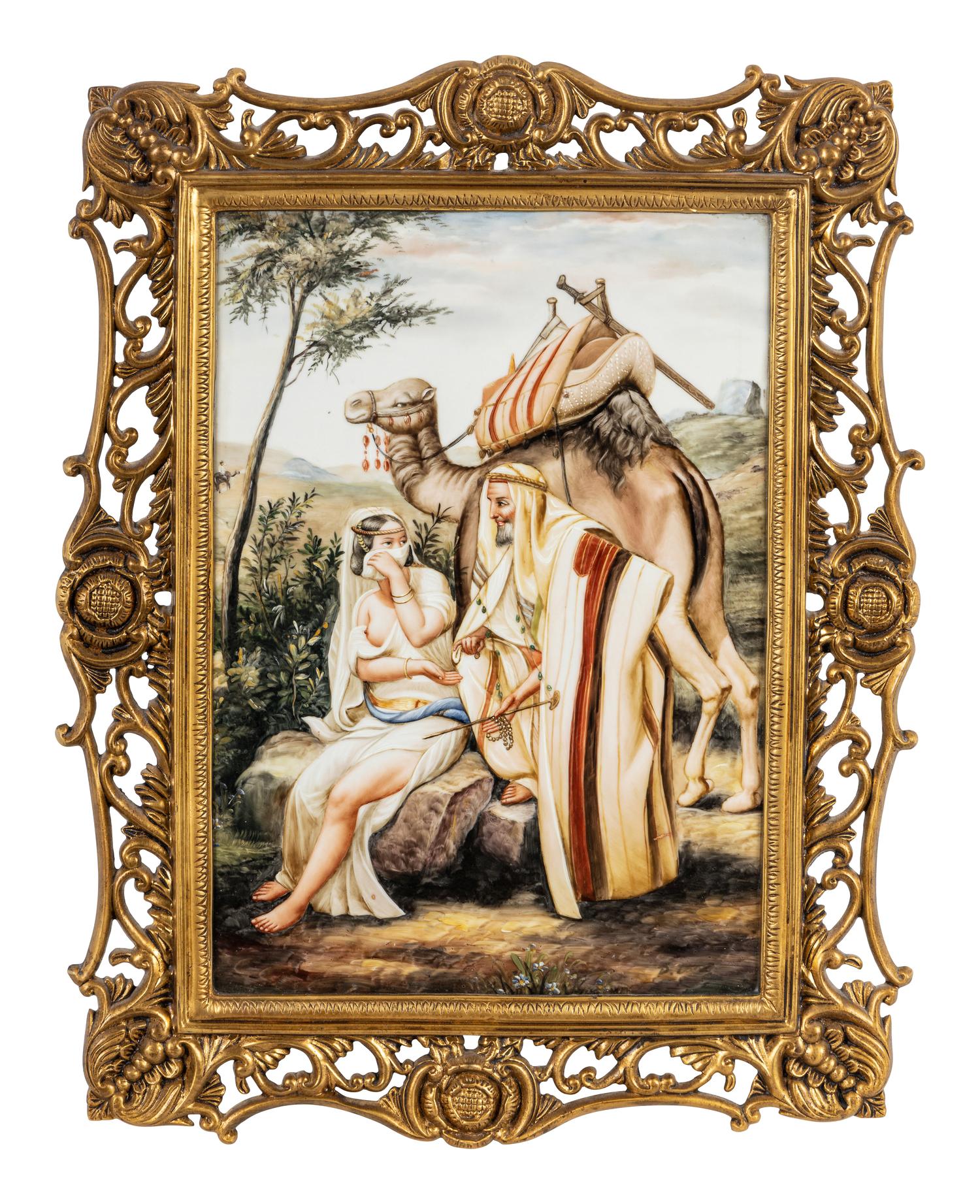 A Painted Porcelain Plaque Depicting Judah and Tamar in a Gilt Bronze Frame