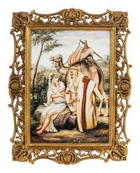 A Painted Porcelain Plaque Depicting Judah and Tamar in a Gilt Bronze Frame