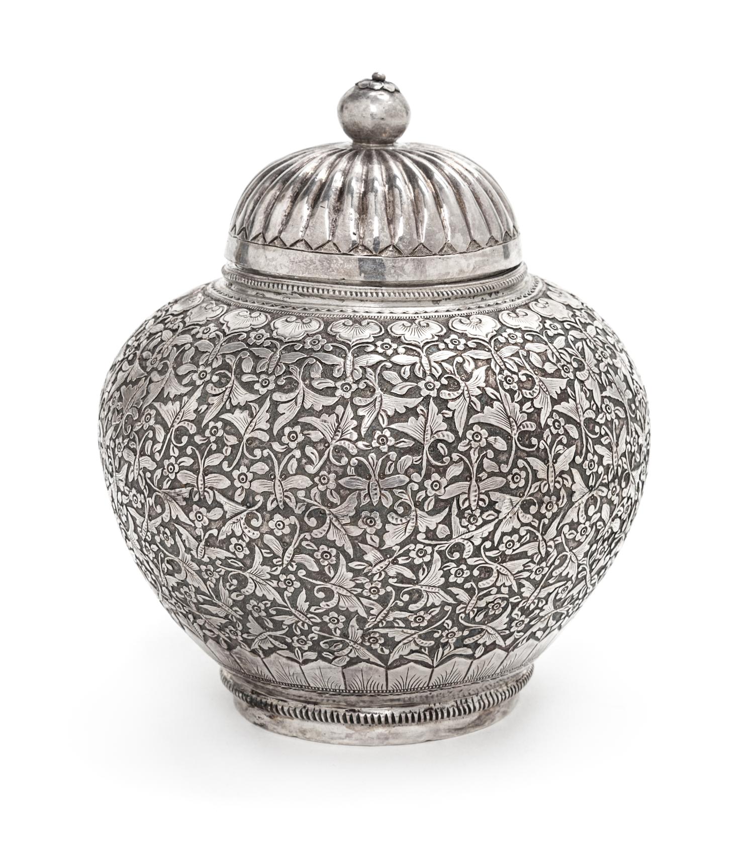 A Chinese Silver Covered Jar, , the underside chased with two-character maker's mark Li Zhen, the other wen yin (fine silver).