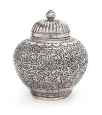 A Chinese Silver Covered Jar, , the underside chased with two-character maker's mark Li Zhen, the other wen yin (fine silver).