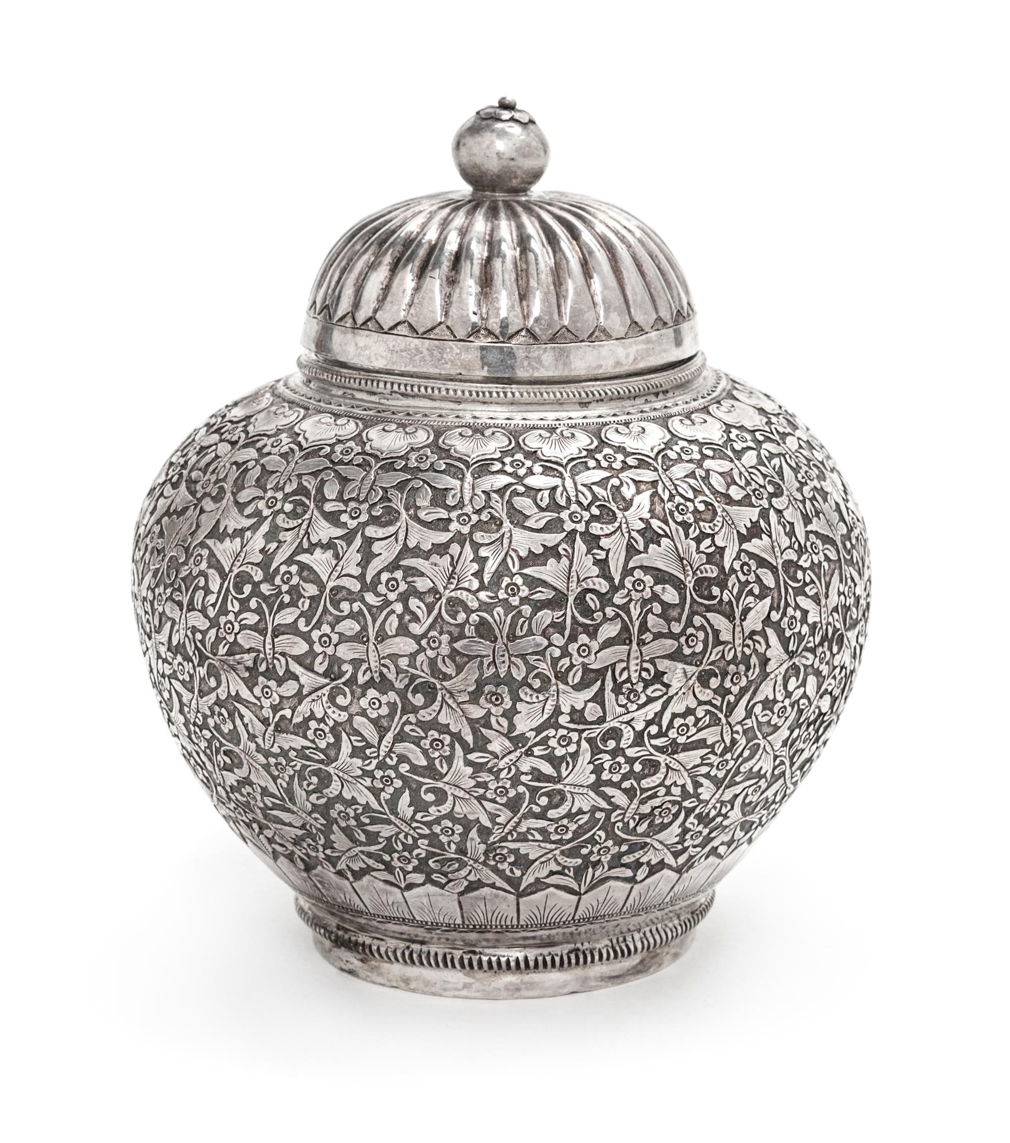 A Chinese Silver Covered Jar, , the underside chased with two-character maker's mark Li Zhen, the other wen yin (fine silver).