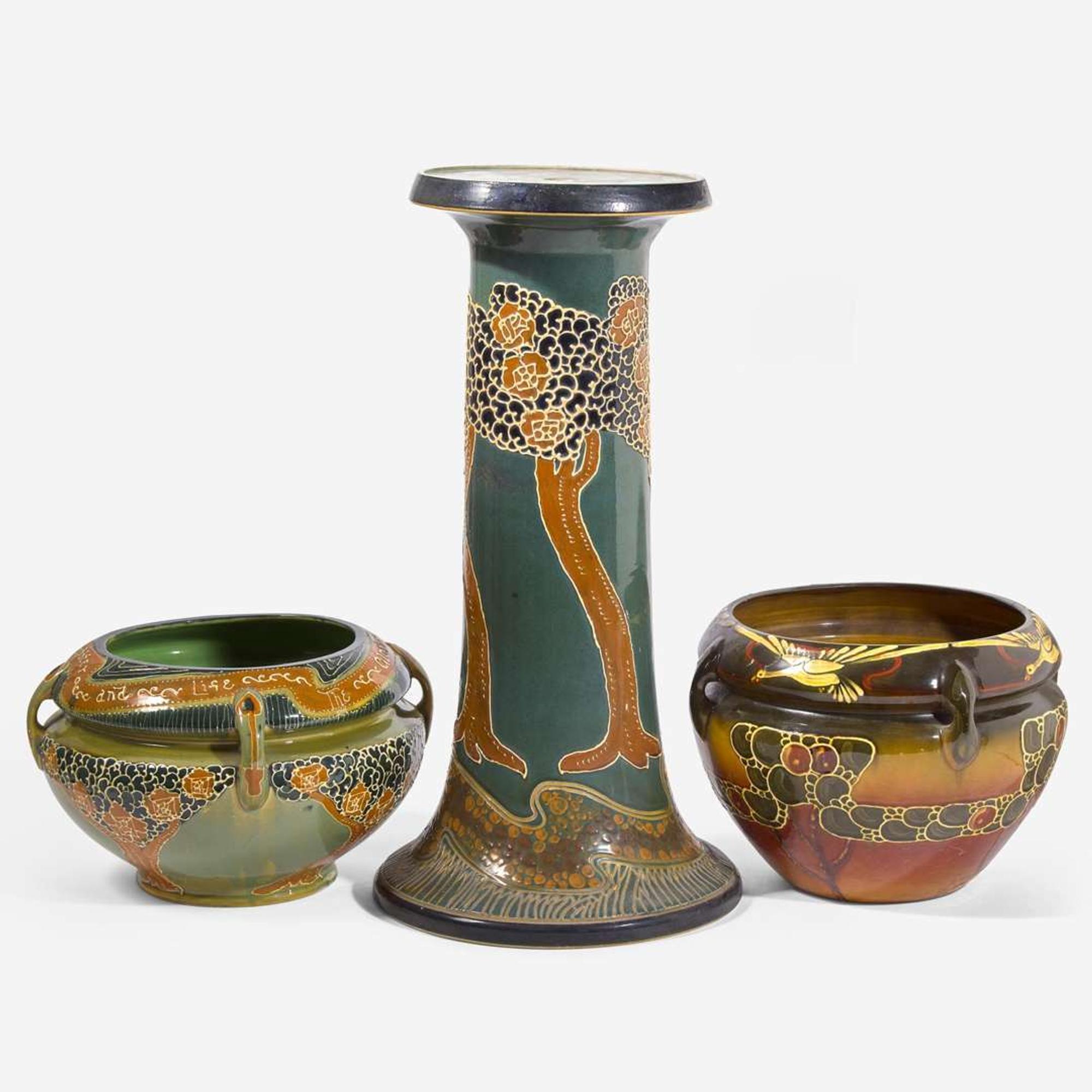 Frederick Hurten Rhead (British-American, 1880-1942) Two Jardinières and a Pedestal, Avon Faience, USA, 1903