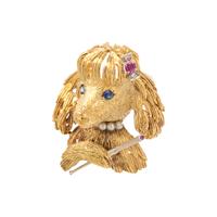 YELLOW GOLD, GEMSTONE AND DIAMOND DOG BROOCH