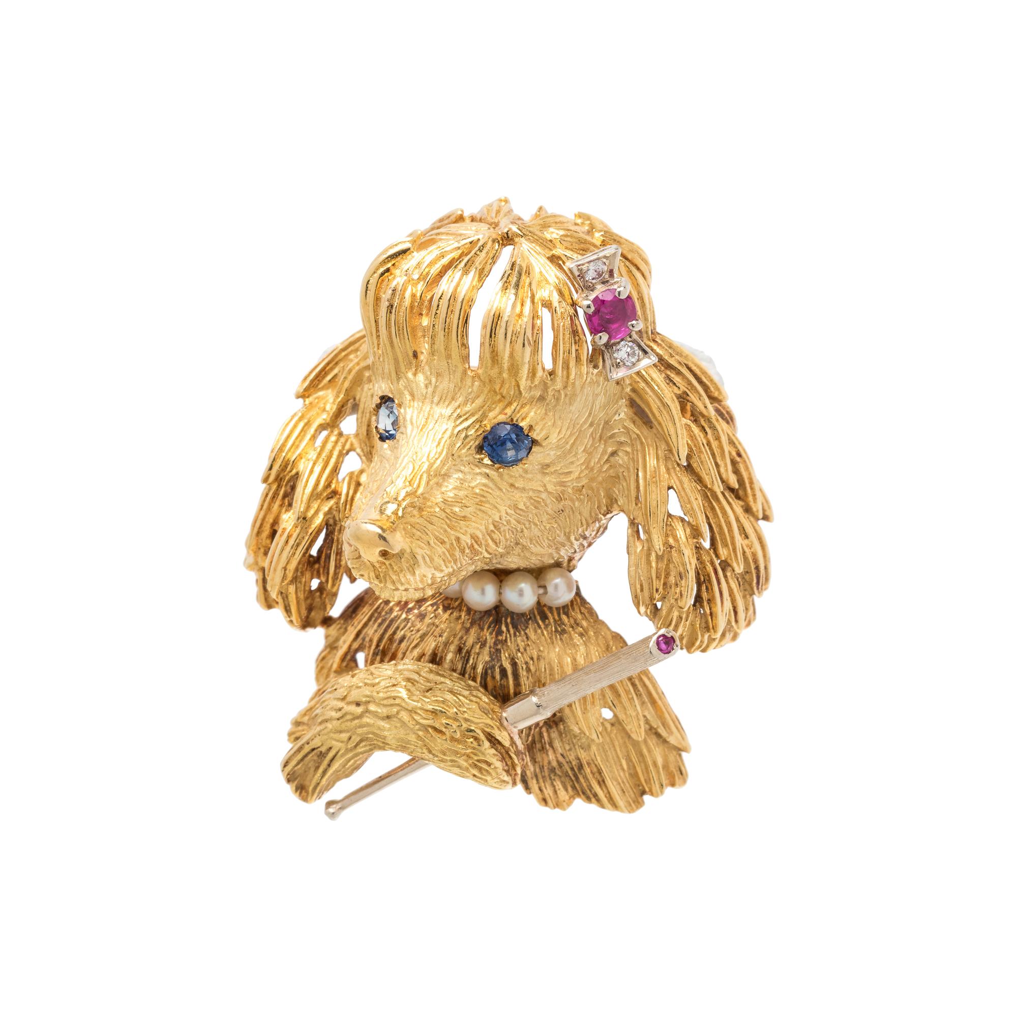YELLOW GOLD, GEMSTONE AND DIAMOND DOG BROOCH