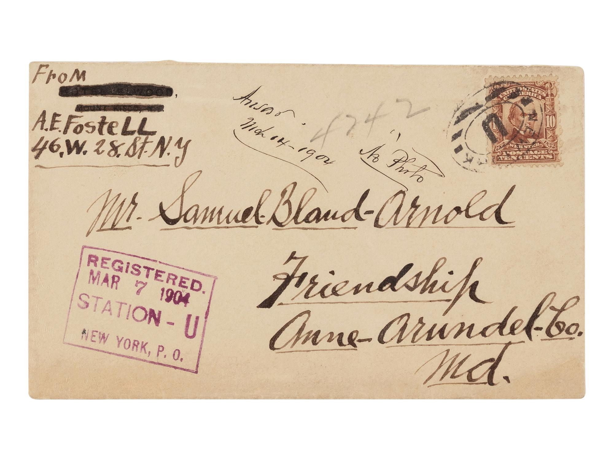 [LINCOLN ASSASSINATION]. ARNOLD, Samuel B. (1834-1906). Autograph note unsigned but in Arnold's hand on letter sent by A.E. Fostell. Friendship, Anne Arundel County, Maryland, ca July 1904.