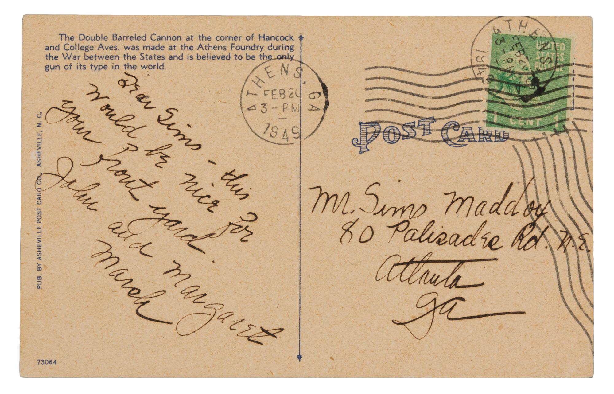 MITCHELL, Margaret. Autographed note signed ("John and Margaret Marsh"), to her nephew Sims Maddox, Athens, GA, 20 February 1949.