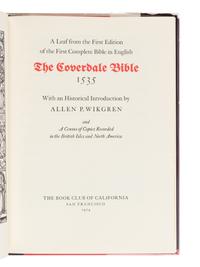[LEAF BOOK - COVERDALE BIBLE]. A Leaf from the First Edition of the First Complete Bible in English, The Coverdale Bible 1535...and a Census of Copies Recorded in the British Isles and North America. San Francisco: The Book Club of California, 1974.