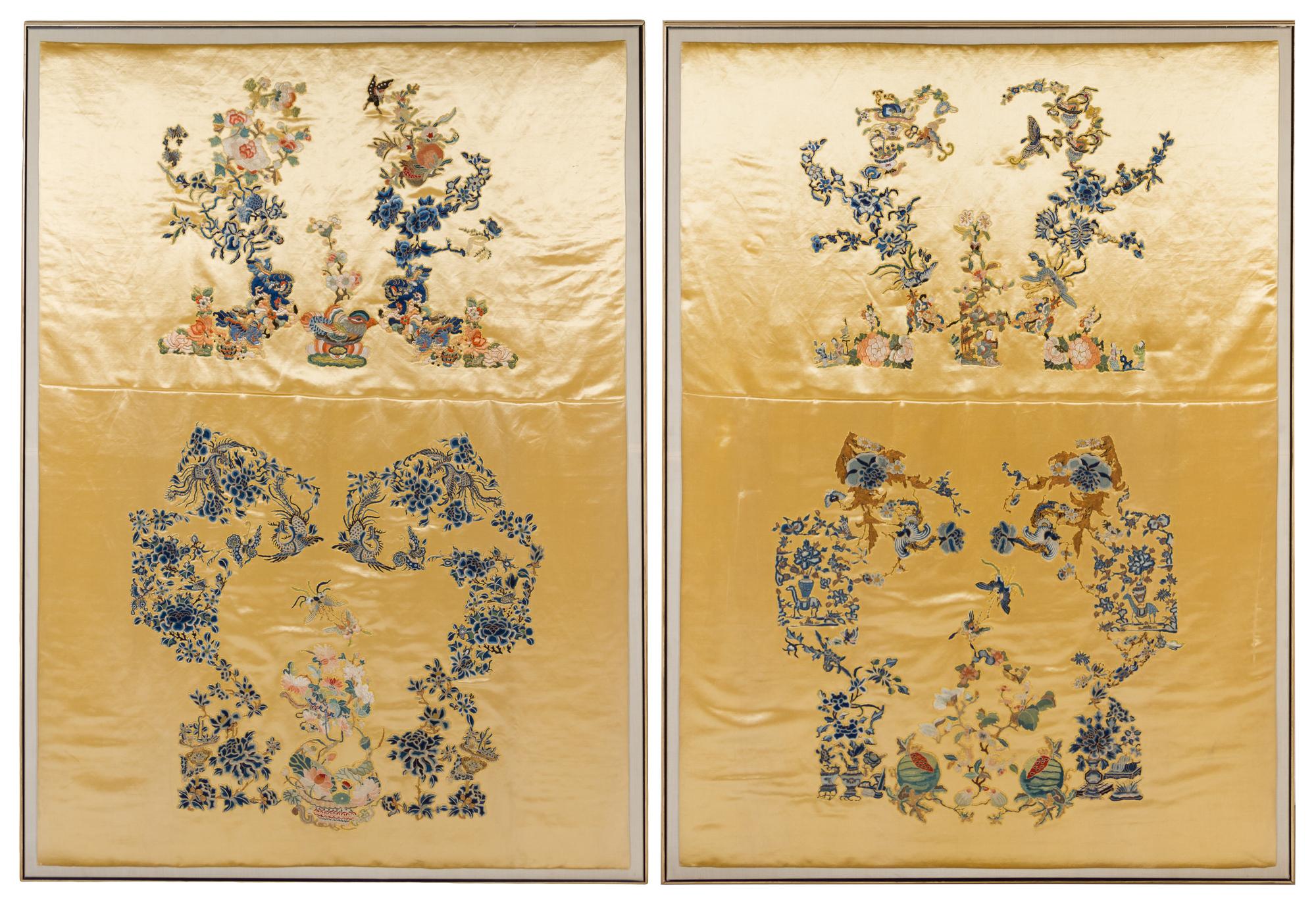 A Rare Set of Six Chinese Imperial Yellow Embroidered Silk Panels 19TH CENTURY Largest 66 x 44 1/2 inches. — 19TH CENTURY