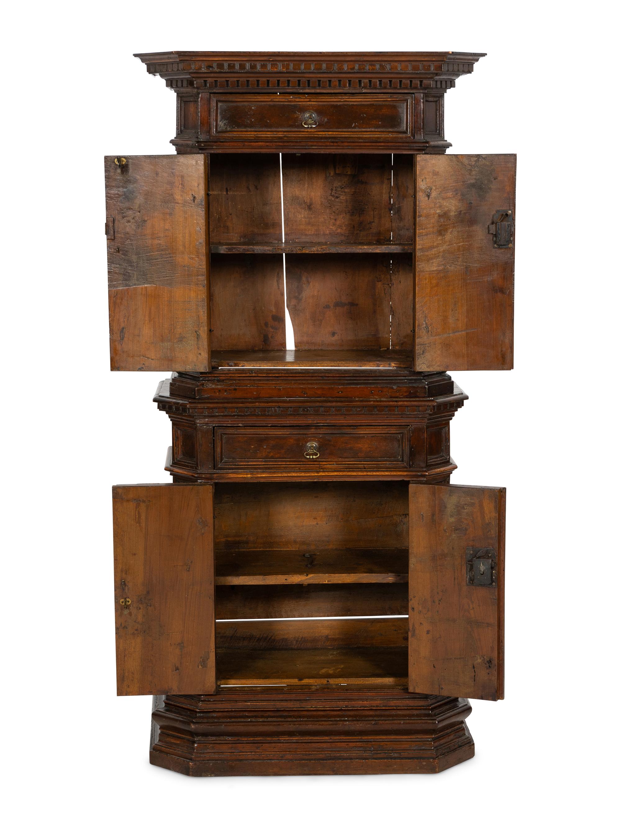 A Small Italian Baroque Walnut Deux Corps Cabinet