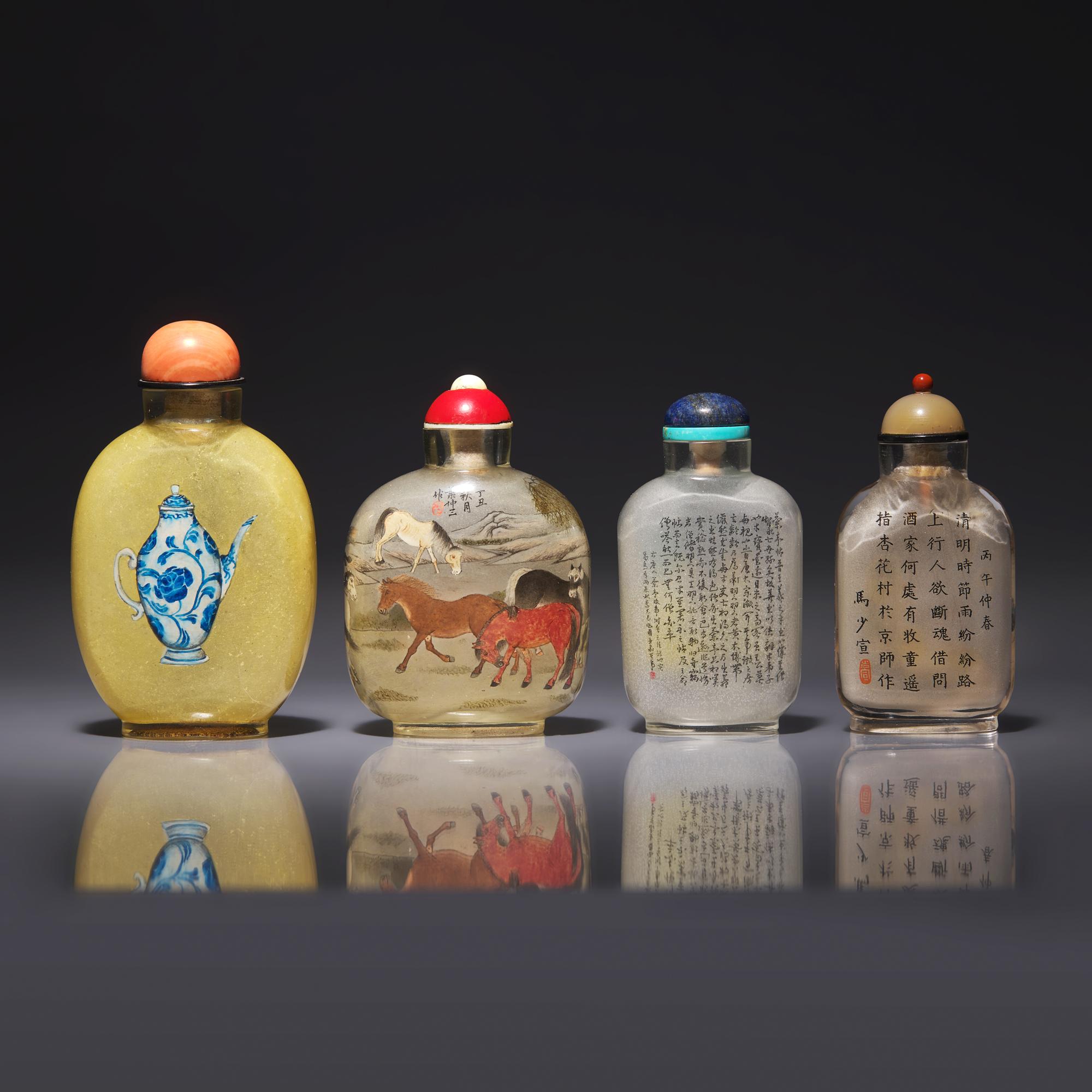 Four Chinese Interior-Decorated Glass Snuff Bottles 玻璃内化鼻烟壺四支