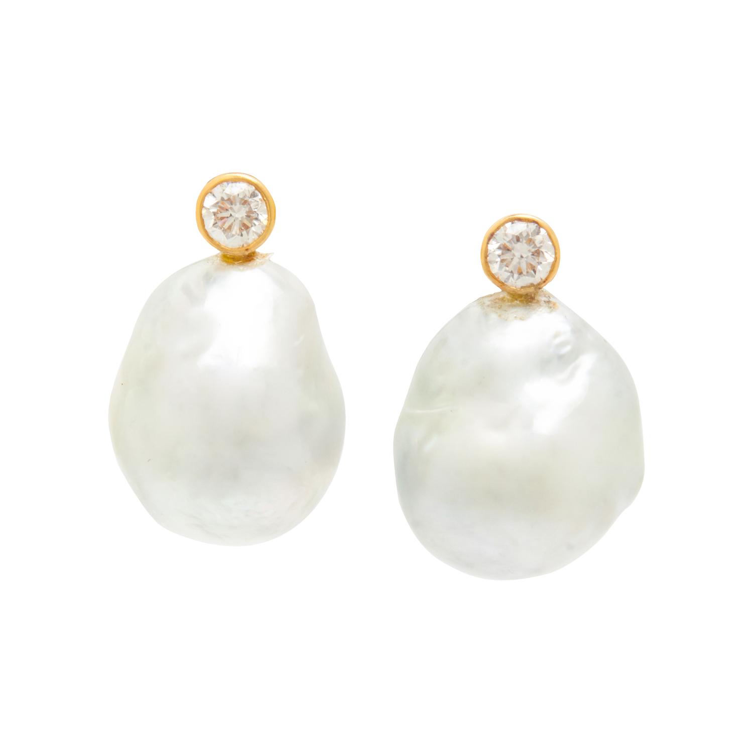 YELLOW GOLD, BAROQUE CULTURED PEARL, AND DIAMOND EARRINGS