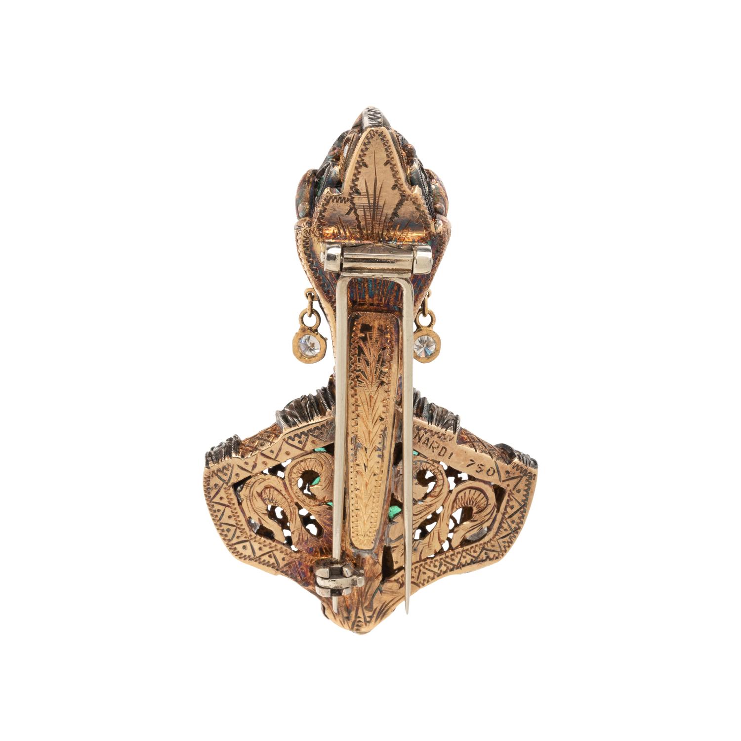 NARDI, YELLOW GOLD, DIAMOND, AND EMERALD FIGURAL BROOCH