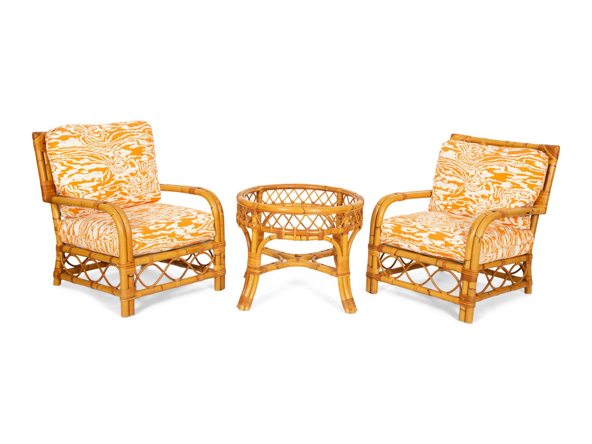 A Pair of Bielecky Brothers Rattan Armchairs and a Side Table.