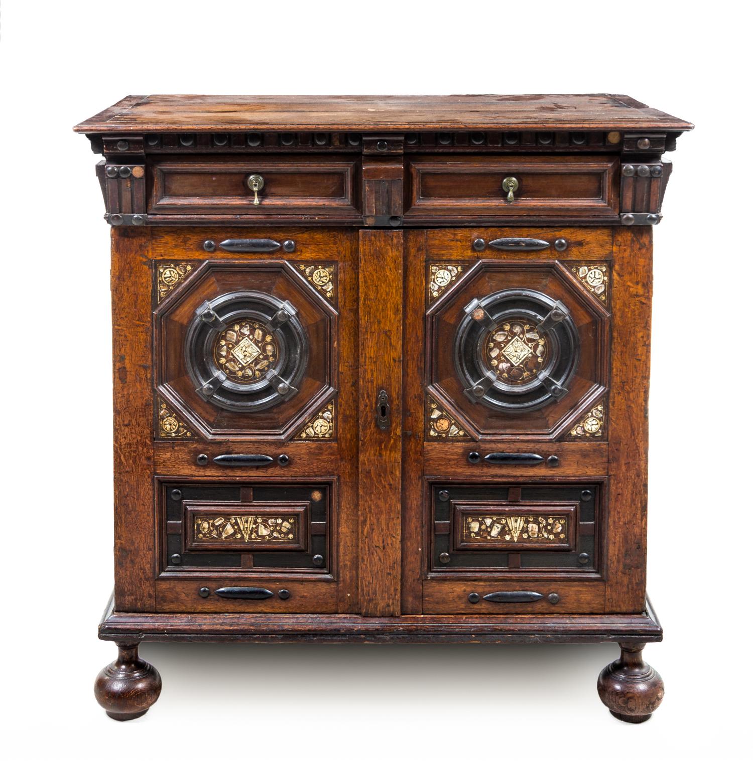 A Charles II Oak and Marquetry Cabinet Height 41 3/4 x width 39 3/4 x depth 24 inches. — ENGLISH, CIRCA 1650-1665