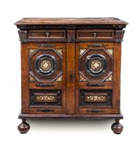 A Charles II Oak and Marquetry Cabinet Height 41 3/4 x width 39 3/4 x depth 24 inches. — ENGLISH, CIRCA 1650-1665