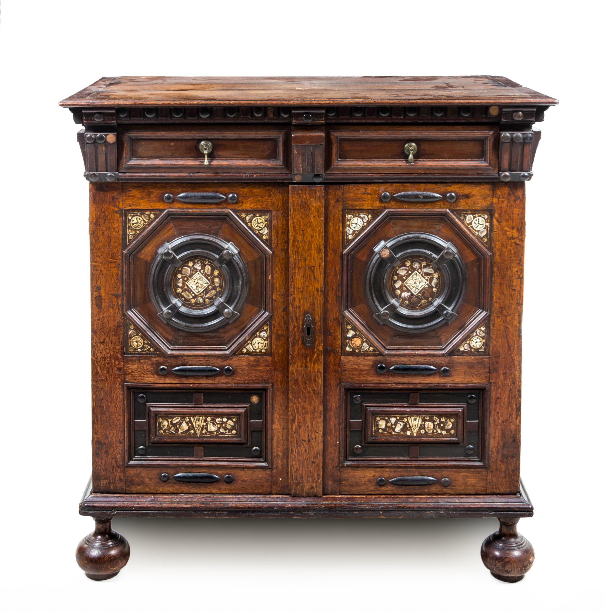 A Charles II Oak and Marquetry Cabinet Height 41 3/4 x width 39 3/4 x depth 24 inches. — ENGLISH, CIRCA 1650-1665