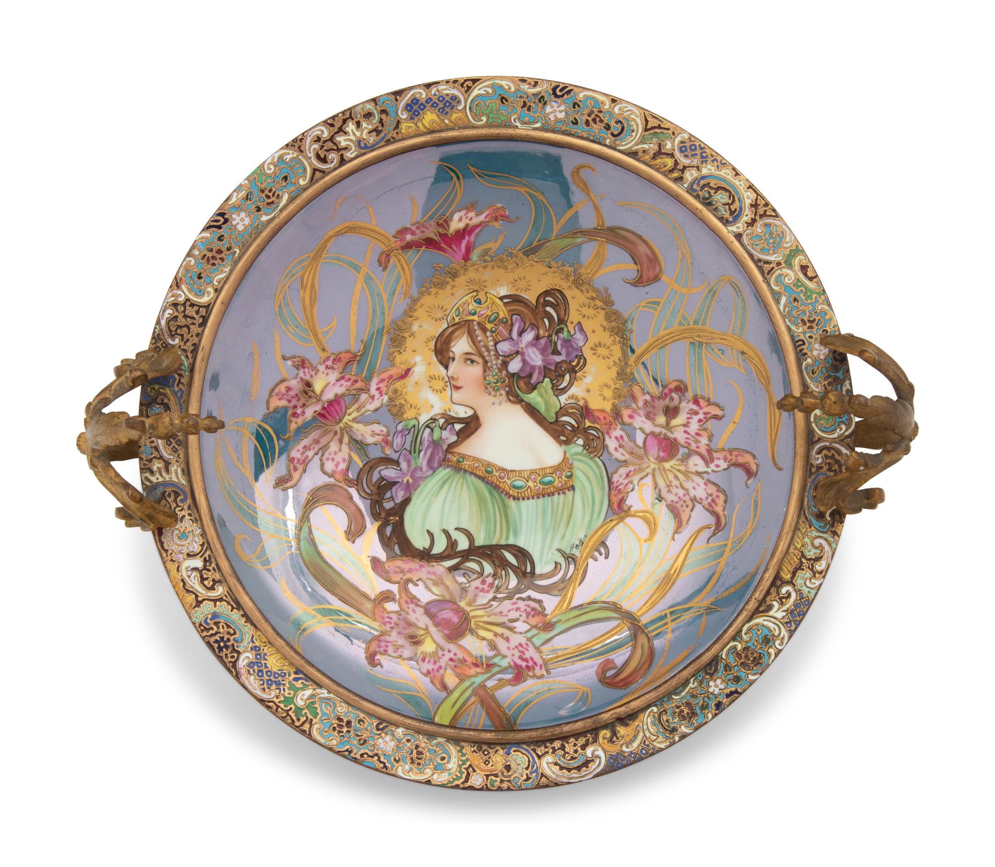 A Champlevé Enamel and Gilt Bronze Mounted Sèvres Style Porcelain Plate