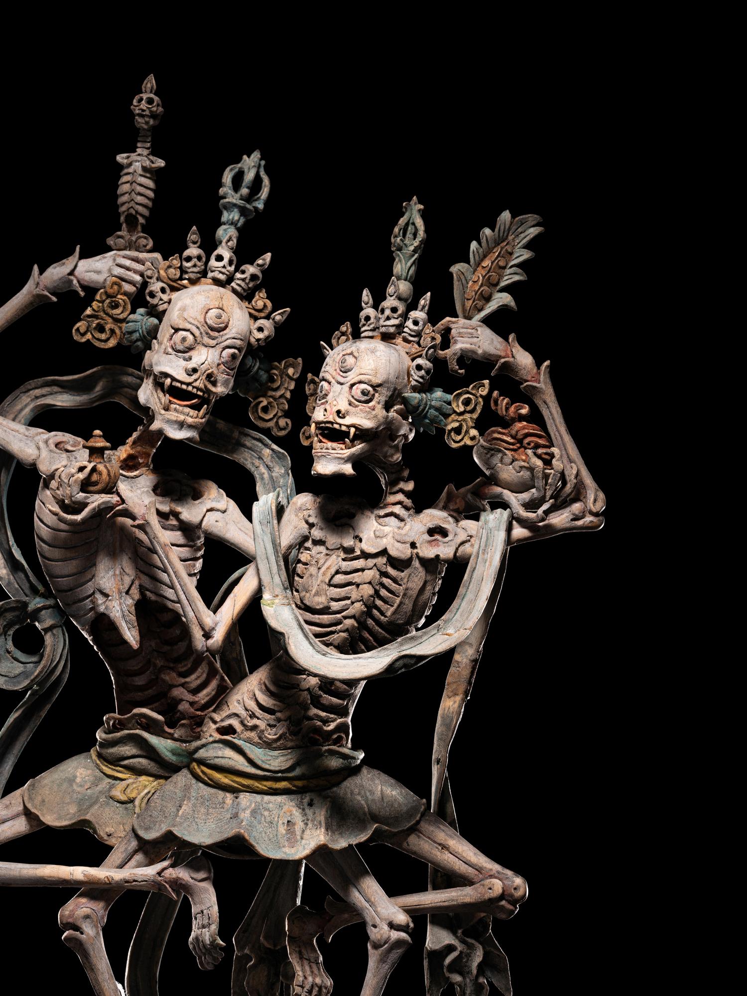 A Rare Tibetan Polychrome Wood Figure of Chitipati