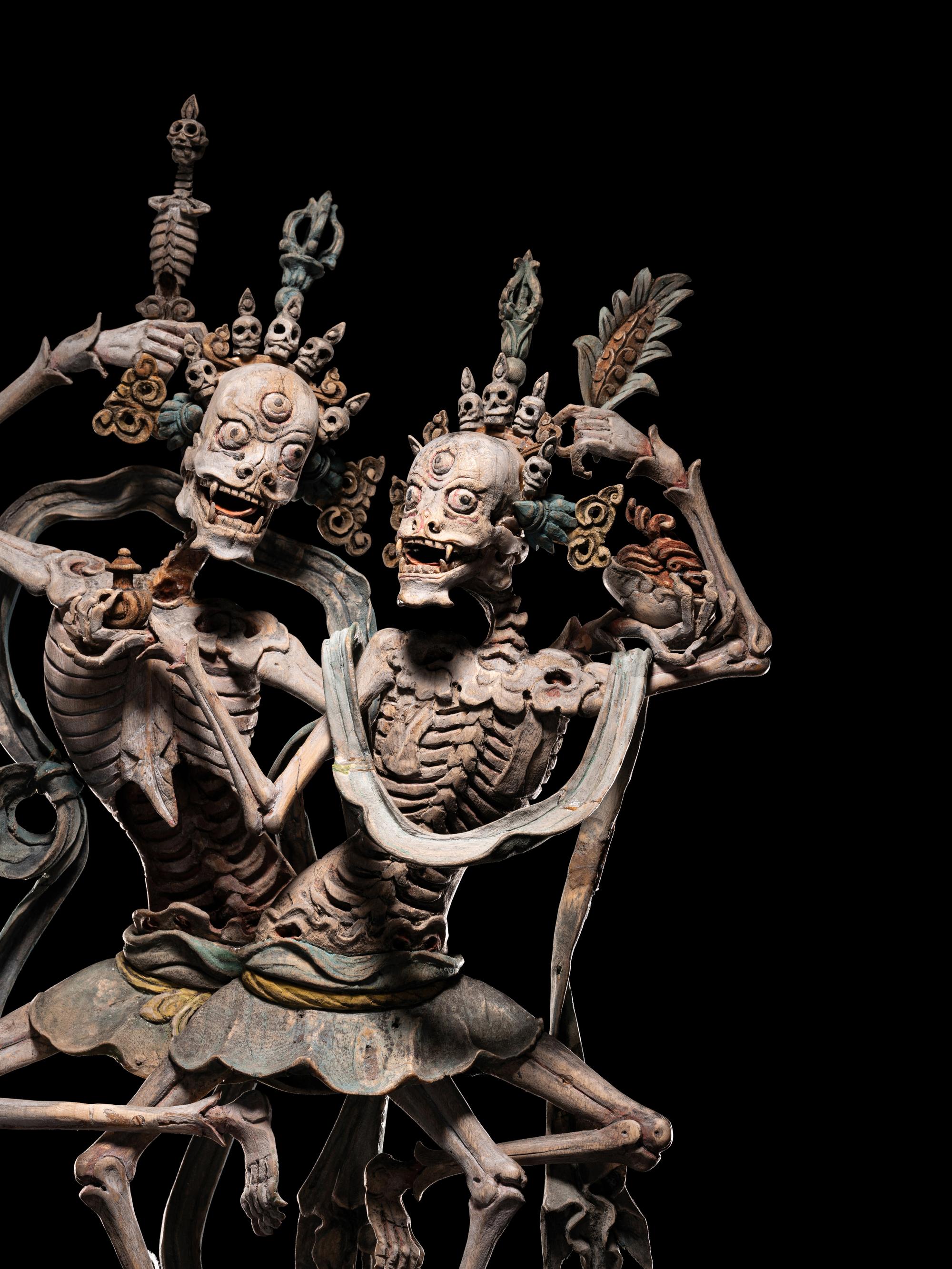 A Rare Tibetan Polychrome Wood Figure of Chitipati