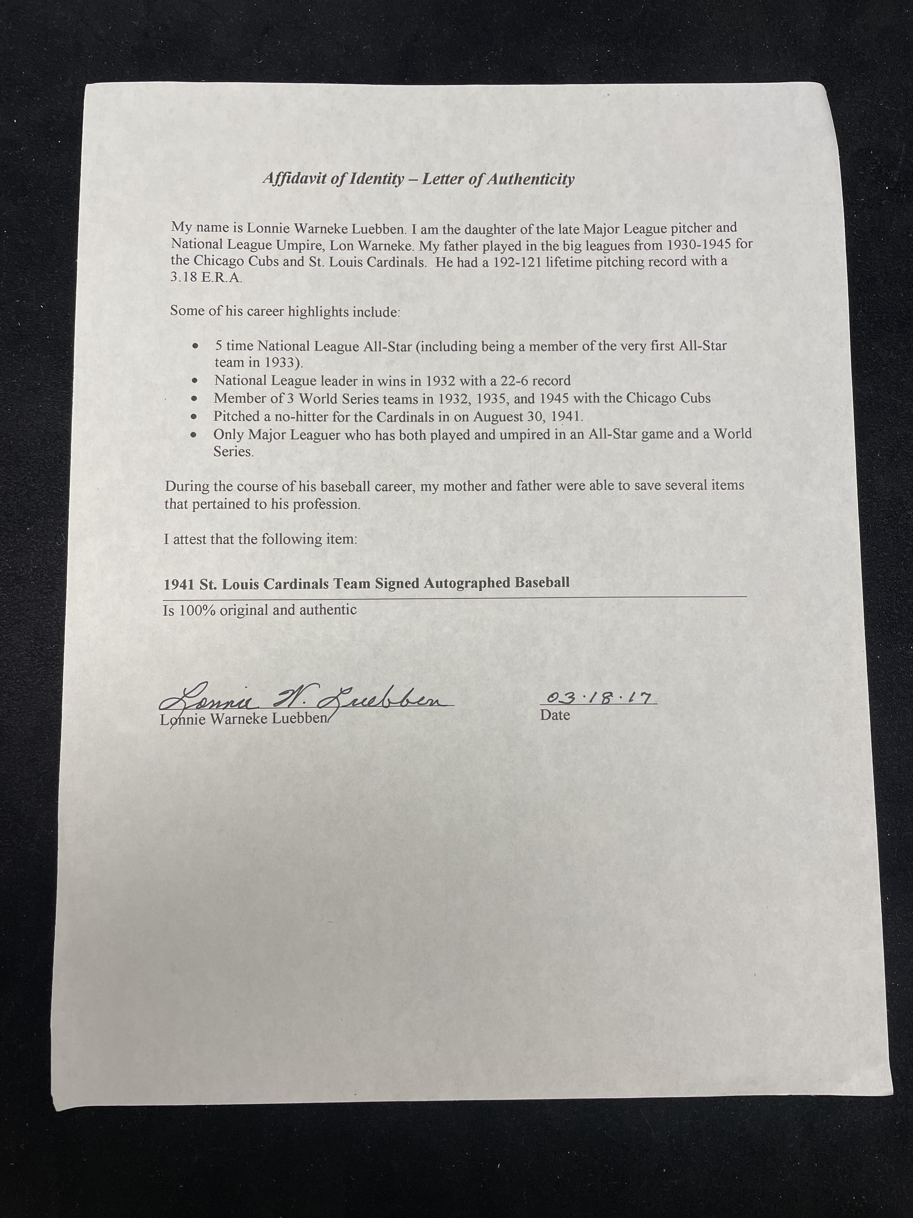 A 1941 St. Louis Cardinals Team Signed Autograph Baseball from The Collection of Lon Warneke (Beckett Authentication Services Letter of Authenticity)