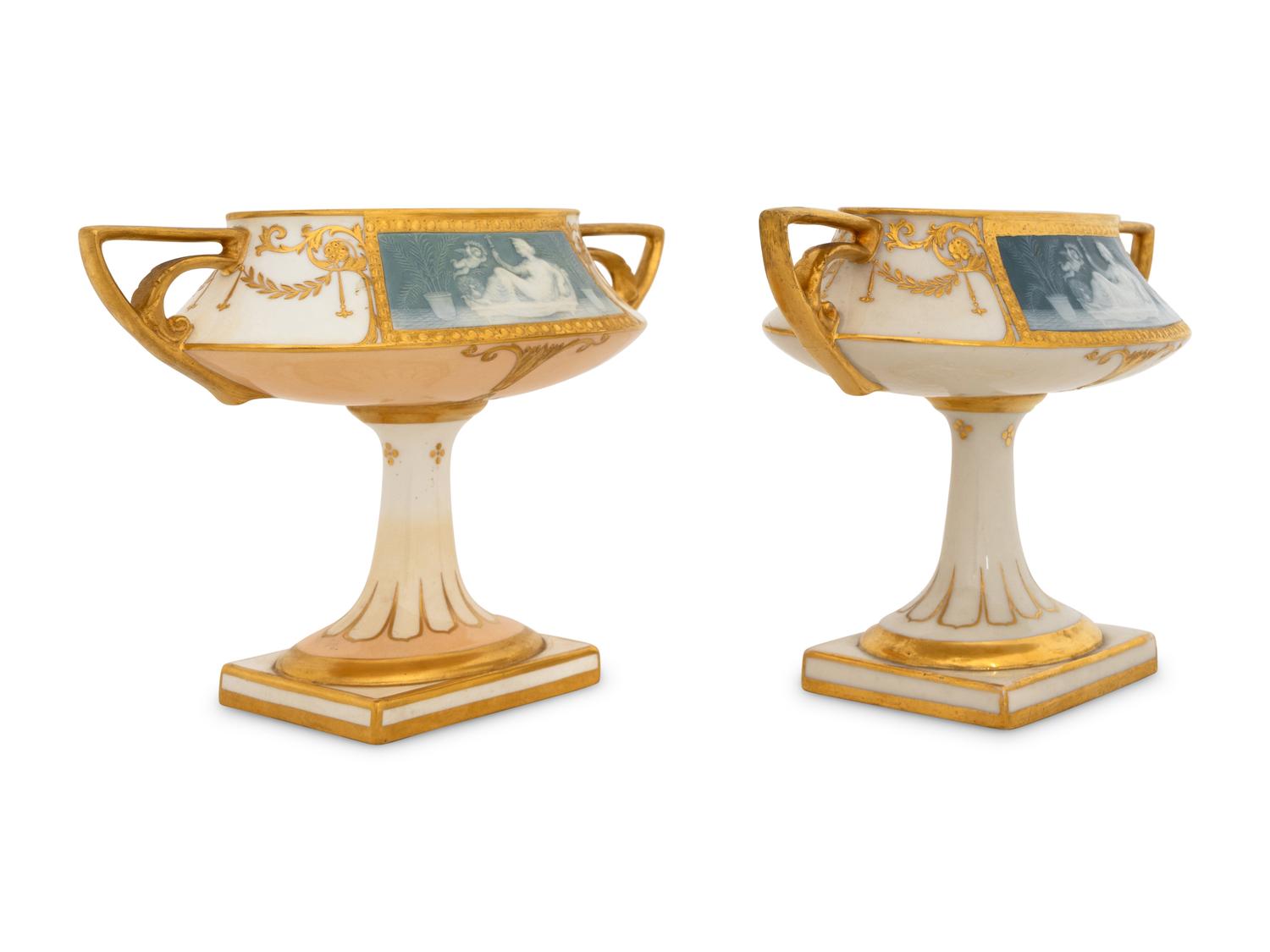 A Pair of Mintons Pâte-sur-Pâte Ivory and Slate Blue Oval Tazze