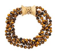 COLLECTION OF YELLOW GOLD AND TIGER'S EYE JEWELRY