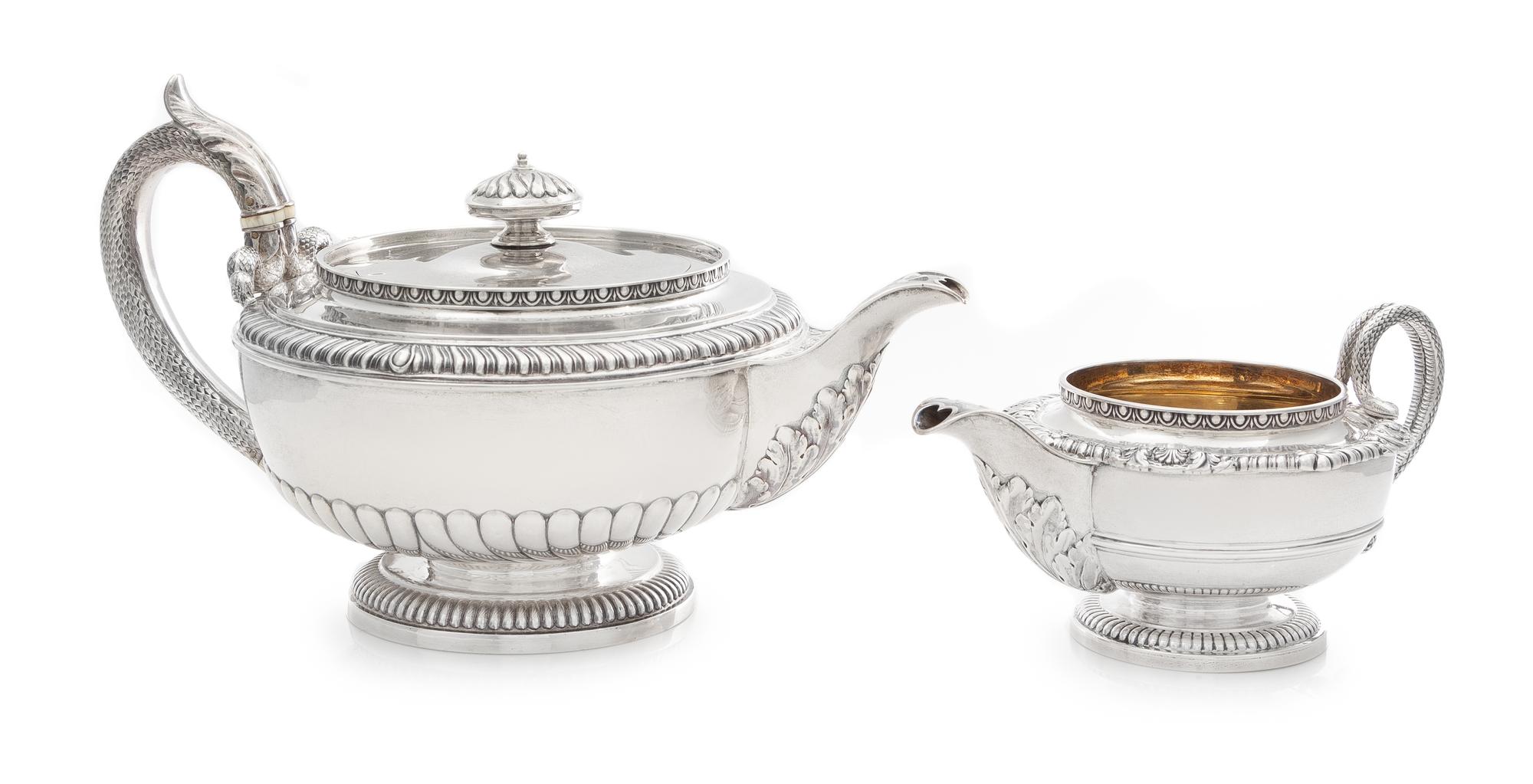 A George III Silver Teapot and Creamer, Paul Storr, London, 1810, each of squat baluster form with an egg-and-dart decorated rim, the s