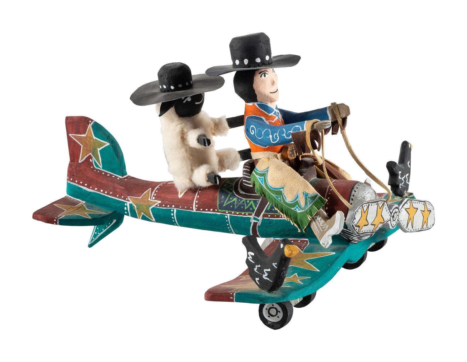 Carved and Painted Airplane, with Cowboy Pilot and Sheep Copilot