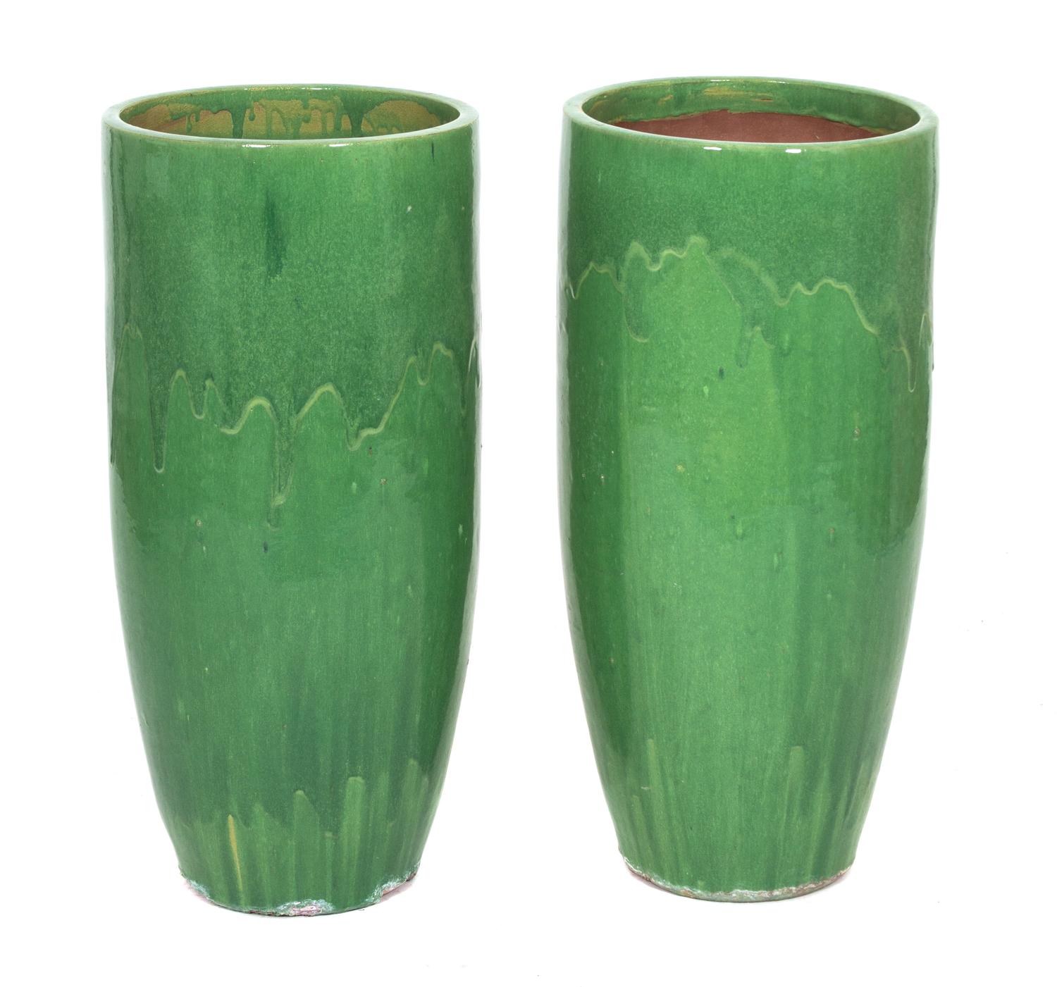 A Pair of Green Glazed Ceramic Tall Ovoid-Form Pots Height 31 inches. — 20TH CENTURY