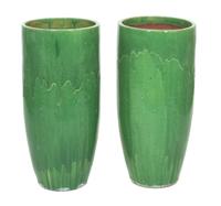 A Pair of Green Glazed Ceramic Tall Ovoid-Form Pots Height 31 inches. — 20TH CENTURY