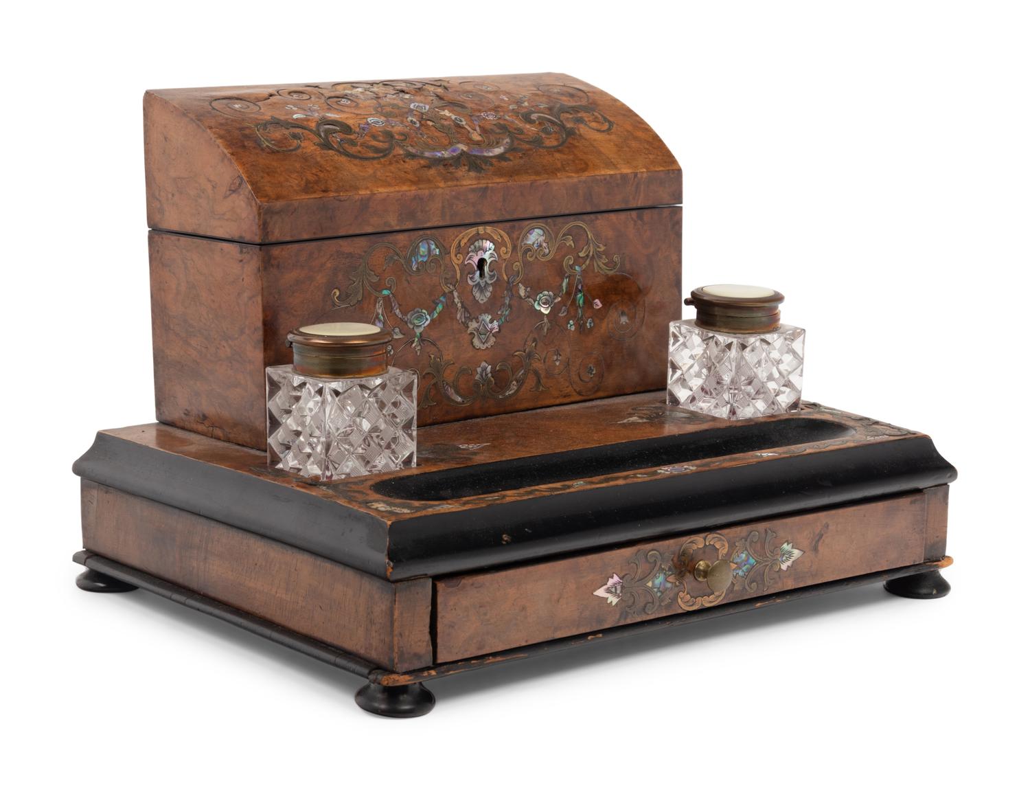 A Napoleon III Burlwood Marquetry and Mother-of-Pearl Inlaid Ink Stand