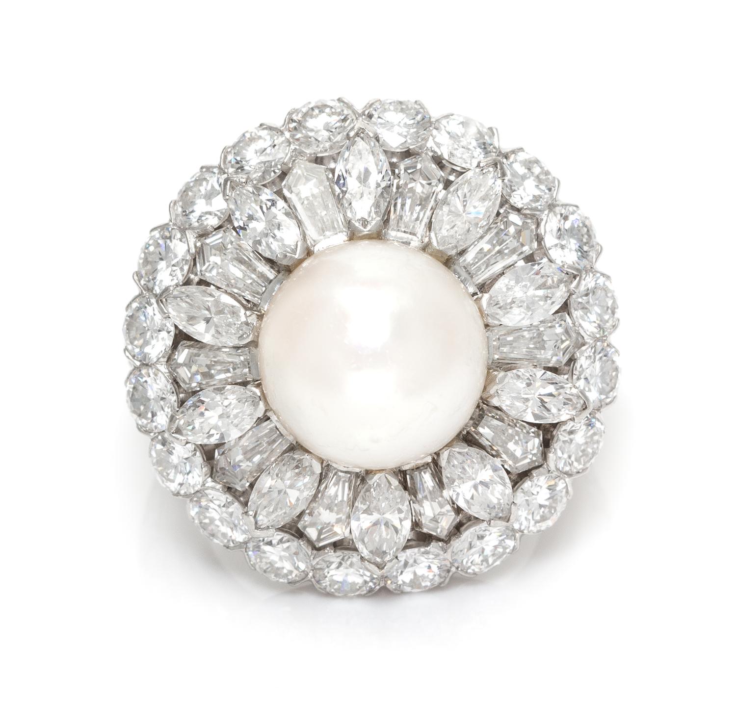 A Fine Platinum, Cultured Pearl and Diamond Ring, 11.00 dwts.