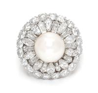 A Fine Platinum, Cultured Pearl and Diamond Ring, 11.00 dwts.