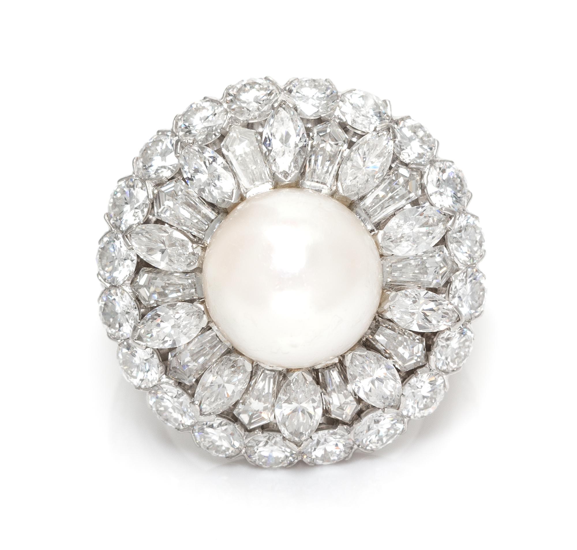 A Fine Platinum, Cultured Pearl and Diamond Ring, 11.00 dwts.