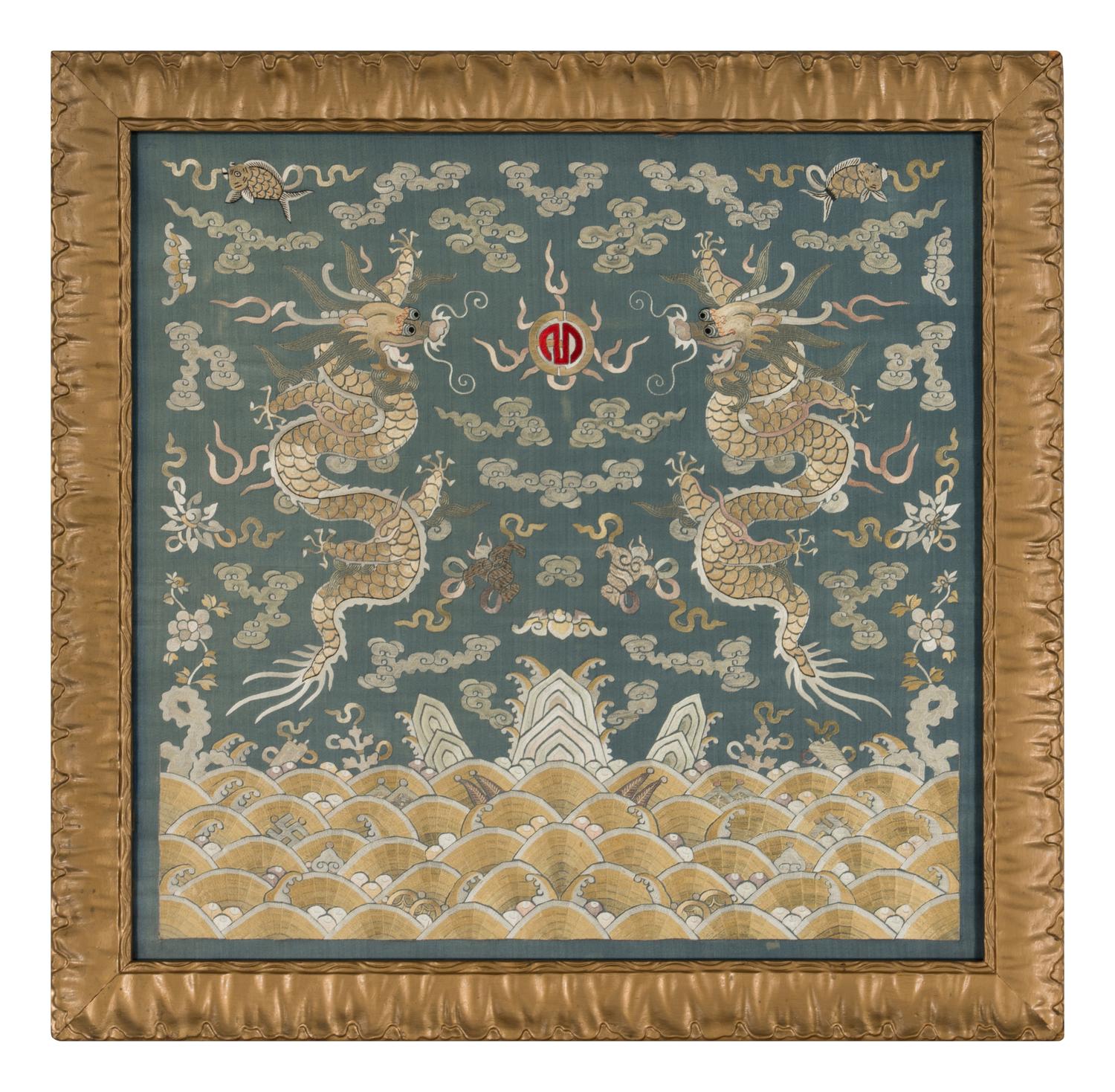 Two Chinese Embroidered Silk Panels, 19th Century 清晚期 藍地麻姑獻壽及雙龍戲珠綉片兩幅